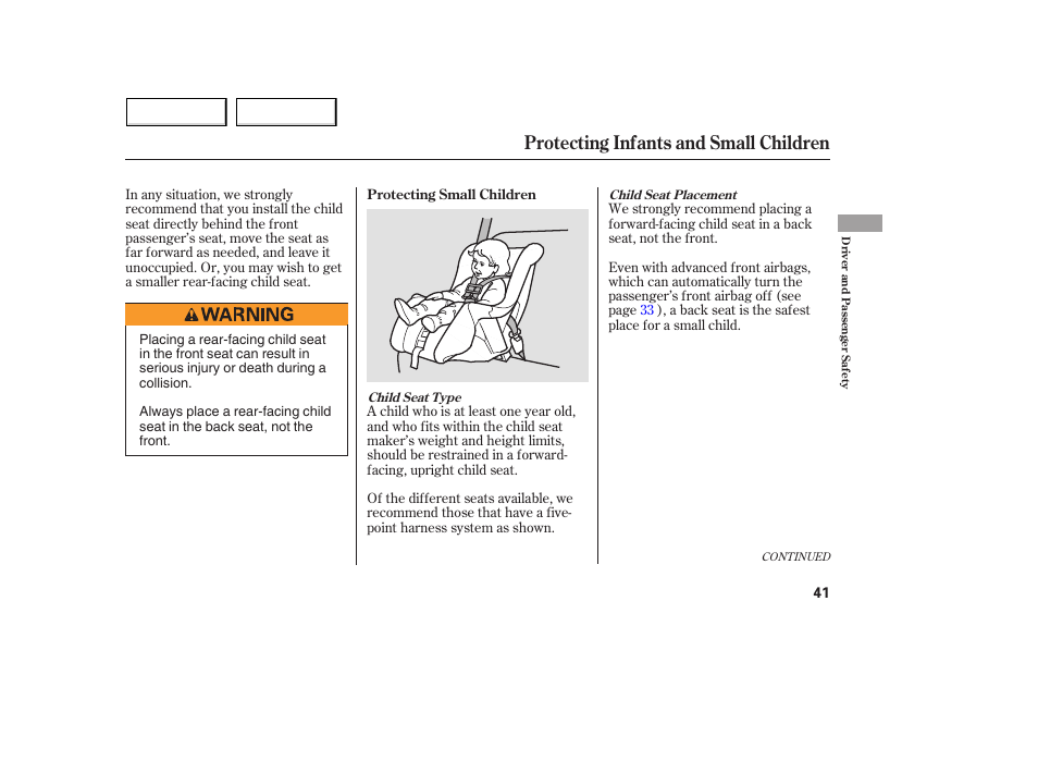 Protecting infants and small children | Acura 2005 MDX - Owner's Manual User Manual | Page 43 / 312