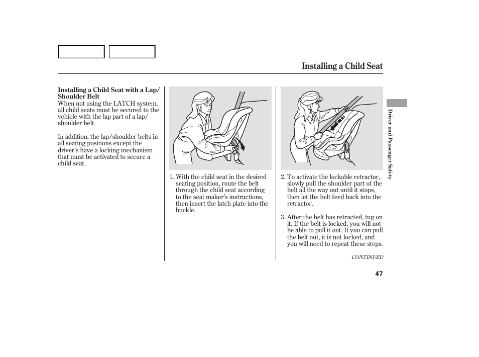Installing a child seat | Acura 2005 MDX - Owner's Manual User Manual | Page 49 / 312