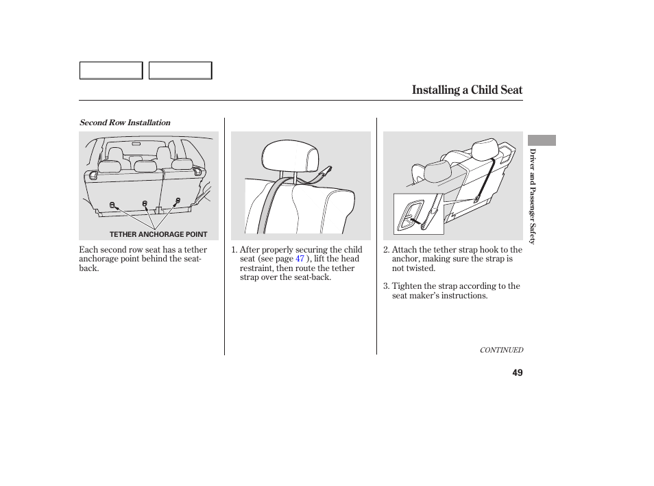 Installing a child seat | Acura 2005 MDX - Owner's Manual User Manual | Page 51 / 312