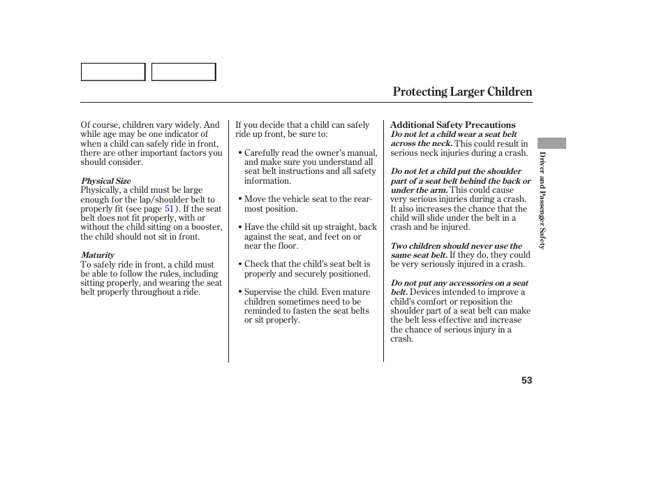 Protecting larger children | Acura 2005 MDX - Owner's Manual User Manual | Page 55 / 312