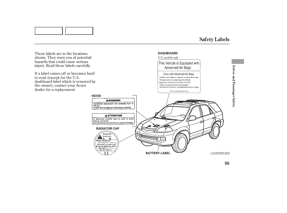 Safety labels | Acura 2005 MDX - Owner's Manual User Manual | Page 57 / 312