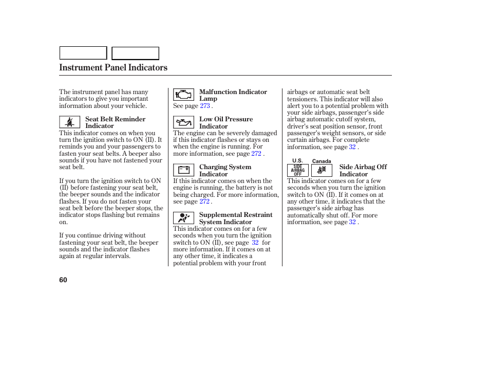 Instrument panel indicators | Acura 2005 MDX - Owner's Manual User Manual | Page 62 / 312