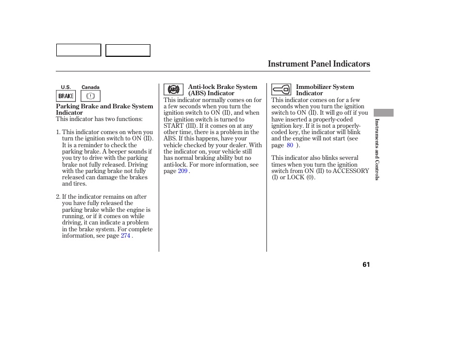 Instrument panel indicators | Acura 2005 MDX - Owner's Manual User Manual | Page 63 / 312
