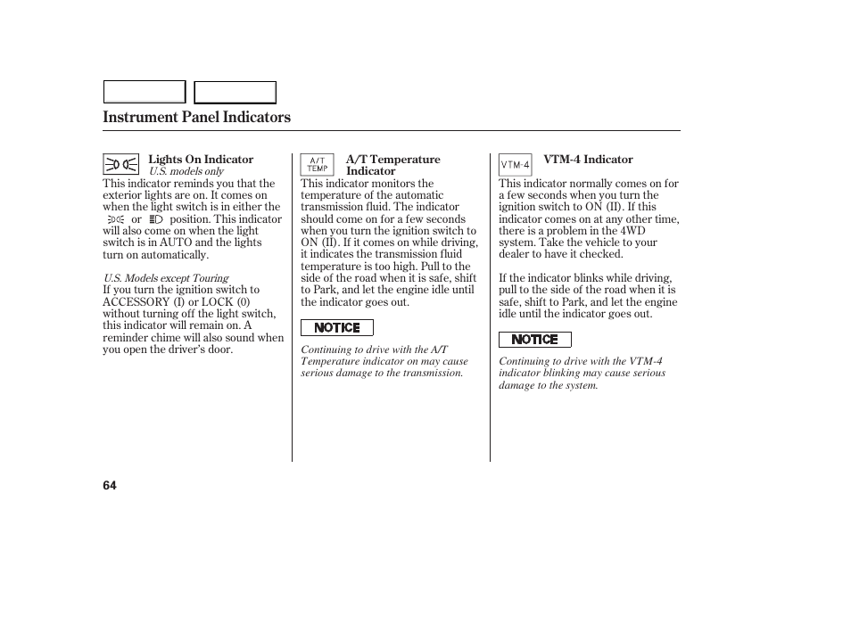 Instrument panel indicators | Acura 2005 MDX - Owner's Manual User Manual | Page 66 / 312