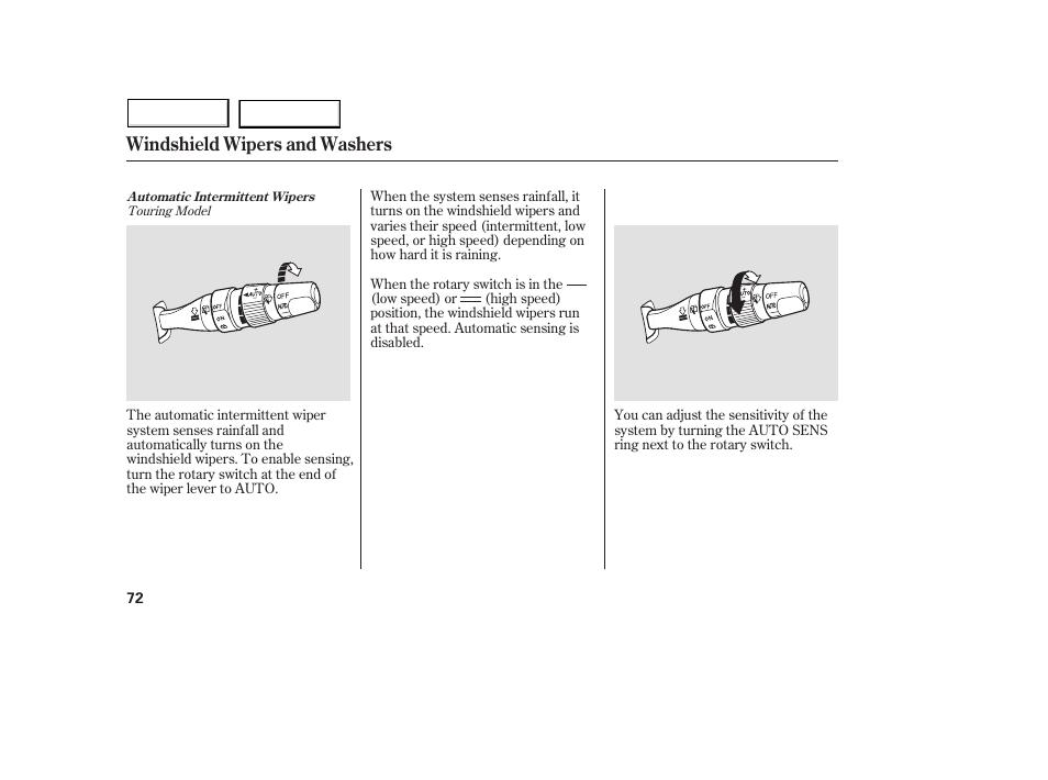 Windshield wipers and washers | Acura 2005 MDX - Owner's Manual User Manual | Page 74 / 312
