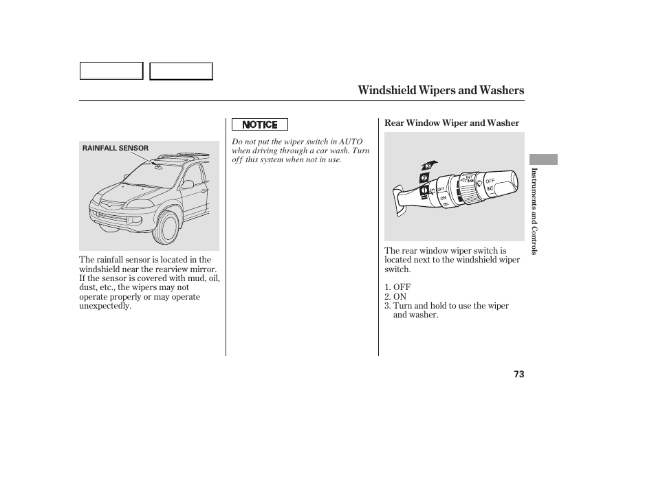Windshield wipers and washers | Acura 2005 MDX - Owner's Manual User Manual | Page 75 / 312