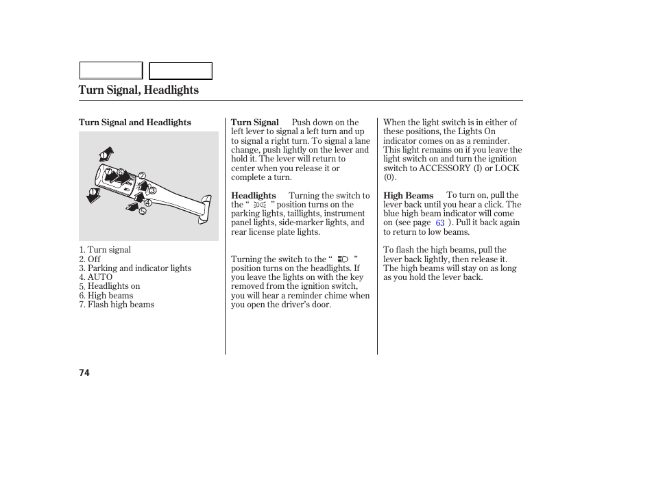 Turn signal, headlights | Acura 2005 MDX - Owner's Manual User Manual | Page 76 / 312