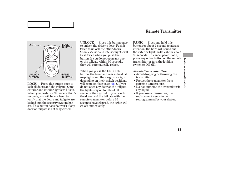 Remote transmitter | Acura 2005 MDX - Owner's Manual User Manual | Page 85 / 312