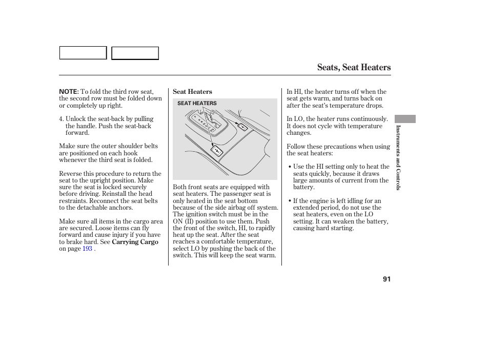Seats, seat heaters | Acura 2005 MDX - Owner's Manual User Manual | Page 93 / 312