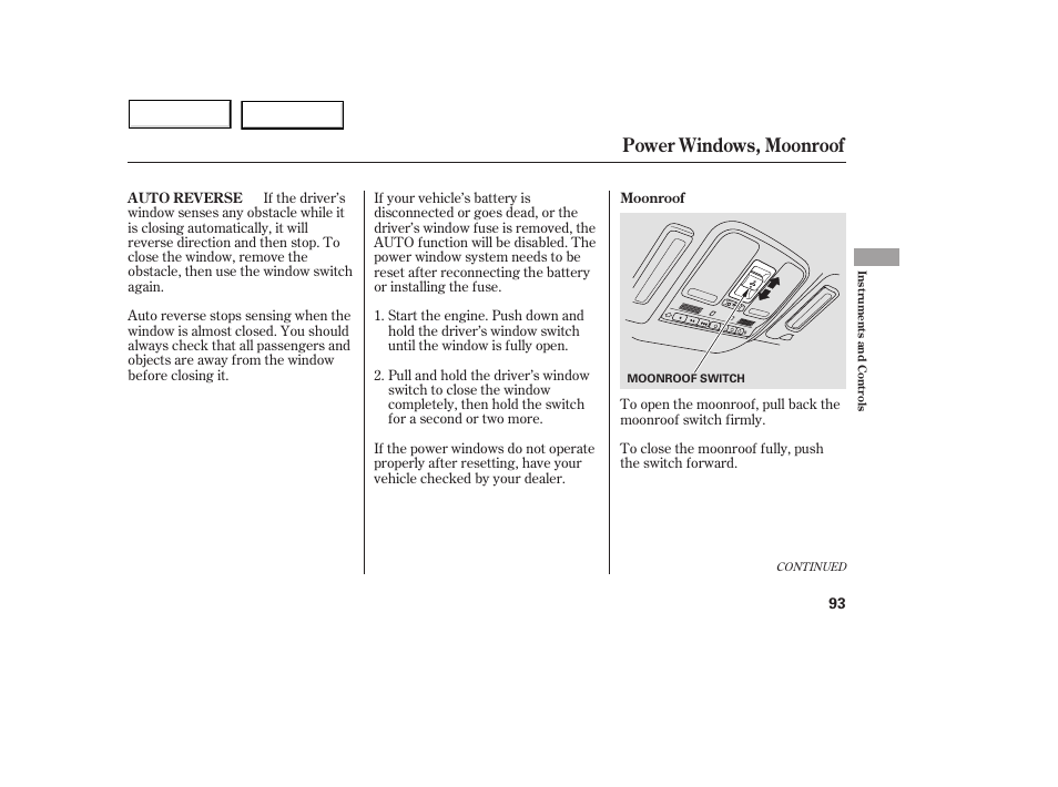 Power windows, moonroof | Acura 2005 MDX - Owner's Manual User Manual | Page 95 / 312