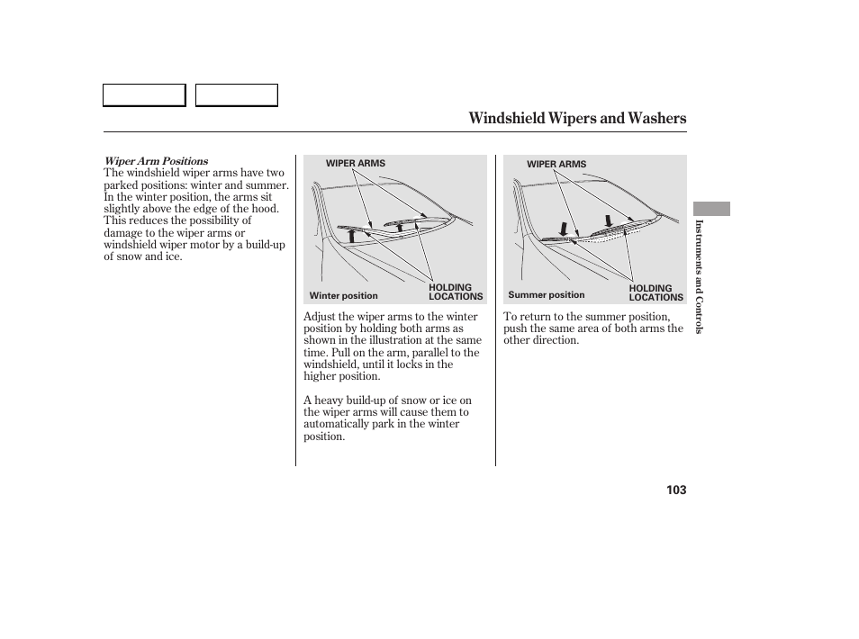 Windshield wipers and washers | Acura 2005 RL - Owner's Manual User Manual | Page 104 / 394