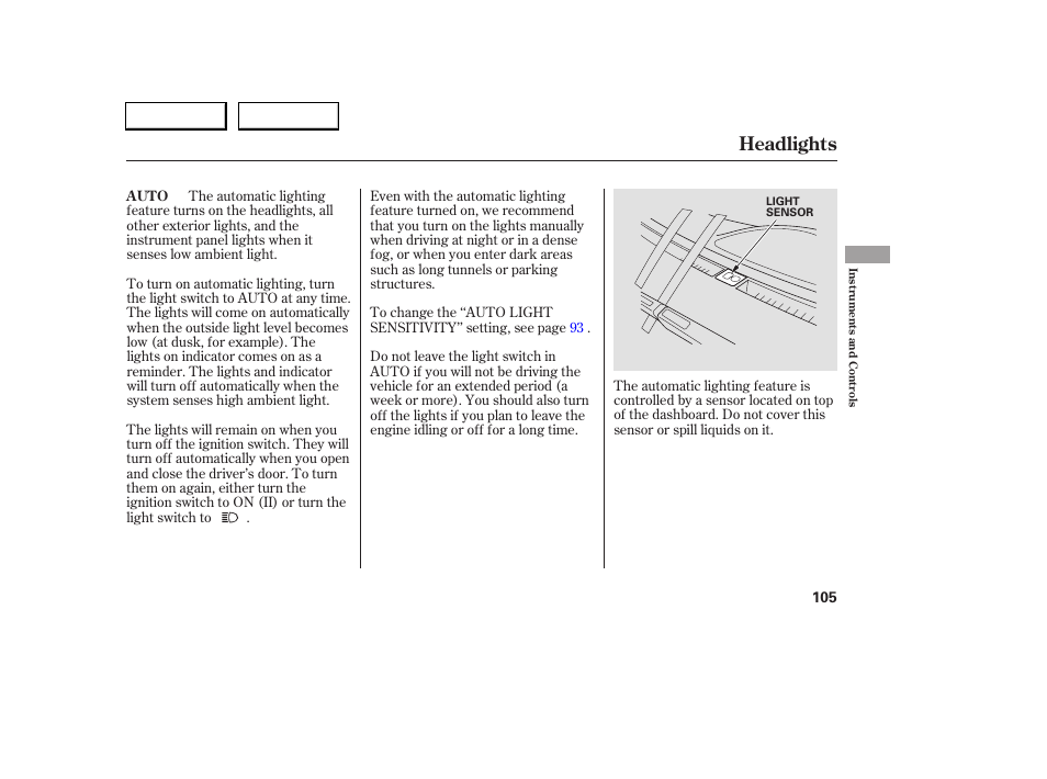 Headlights | Acura 2005 RL - Owner's Manual User Manual | Page 106 / 394