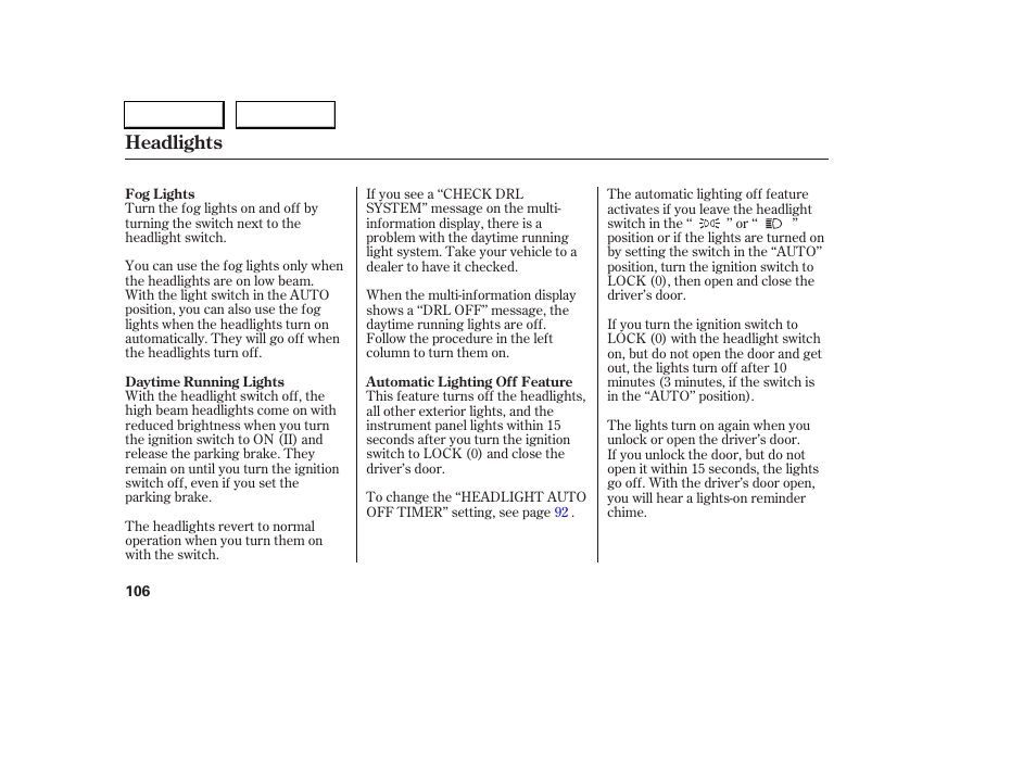 Headlights | Acura 2005 RL - Owner's Manual User Manual | Page 107 / 394