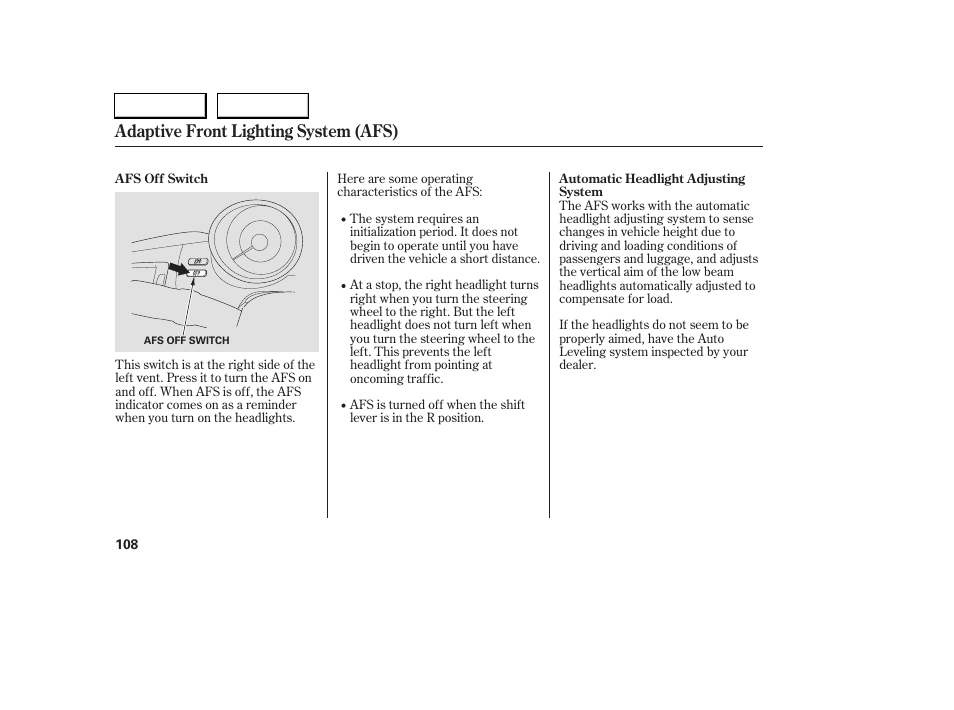 Adaptive front lighting system (afs) | Acura 2005 RL - Owner's Manual User Manual | Page 109 / 394
