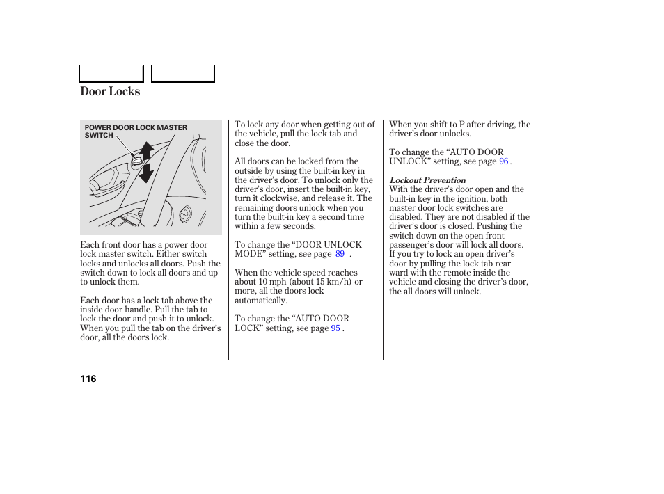 Door locks | Acura 2005 RL - Owner's Manual User Manual | Page 117 / 394