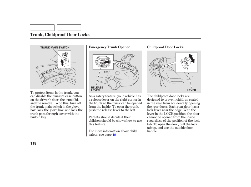 Trunk, childproof door locks | Acura 2005 RL - Owner's Manual User Manual | Page 119 / 394