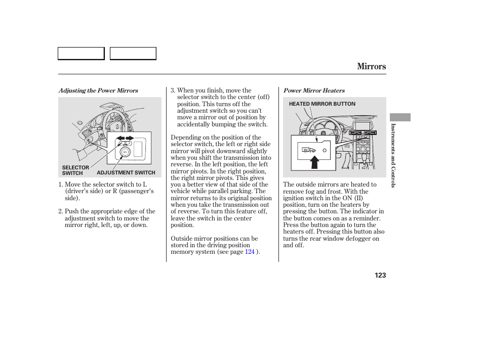 Mirrors | Acura 2005 RL - Owner's Manual User Manual | Page 124 / 394