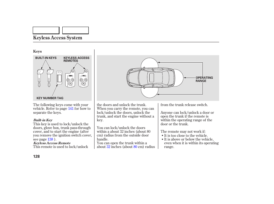 Keyless access system | Acura 2005 RL - Owner's Manual User Manual | Page 129 / 394