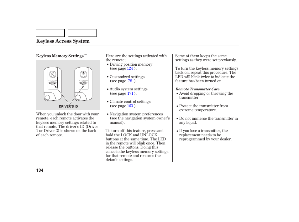 Keyless access system | Acura 2005 RL - Owner's Manual User Manual | Page 135 / 394