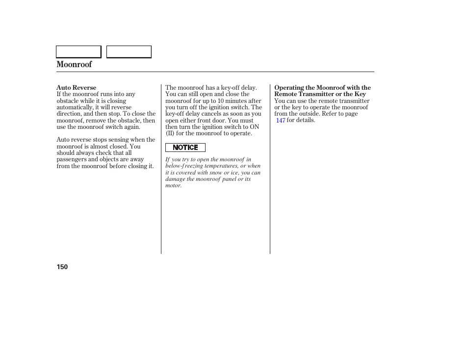 Moonroof | Acura 2005 RL - Owner's Manual User Manual | Page 151 / 394