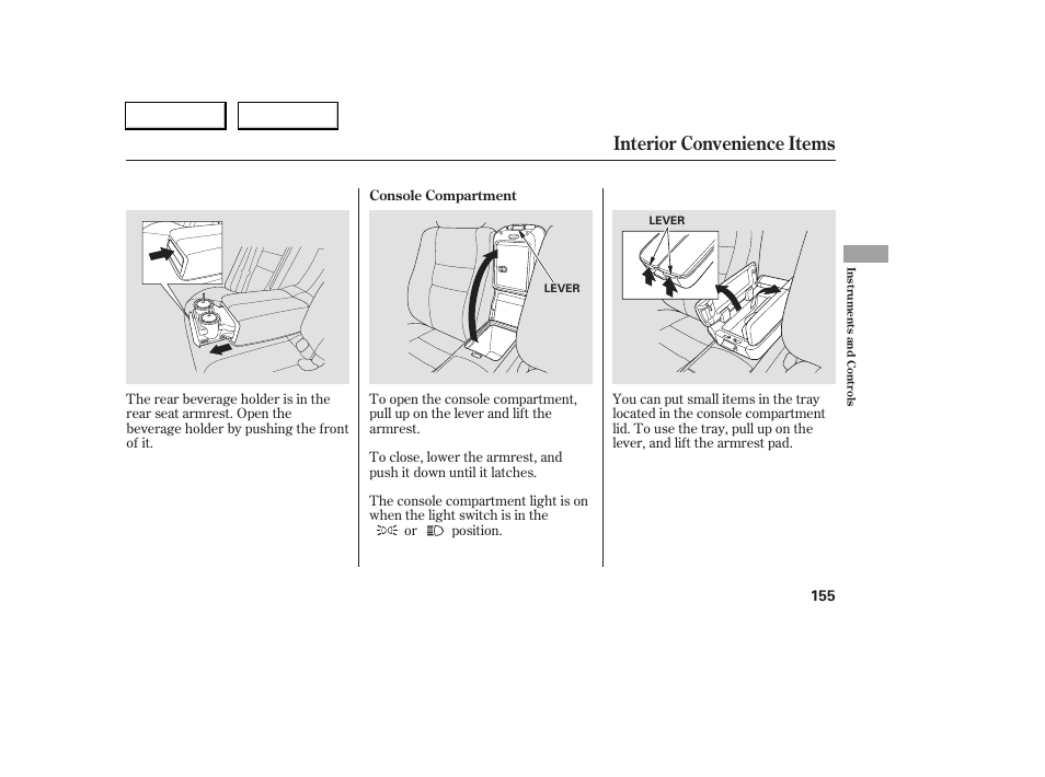 Interior convenience items | Acura 2005 RL - Owner's Manual User Manual | Page 156 / 394