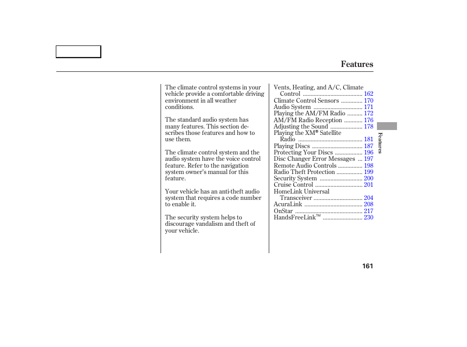 Features | Acura 2005 RL - Owner's Manual User Manual | Page 162 / 394