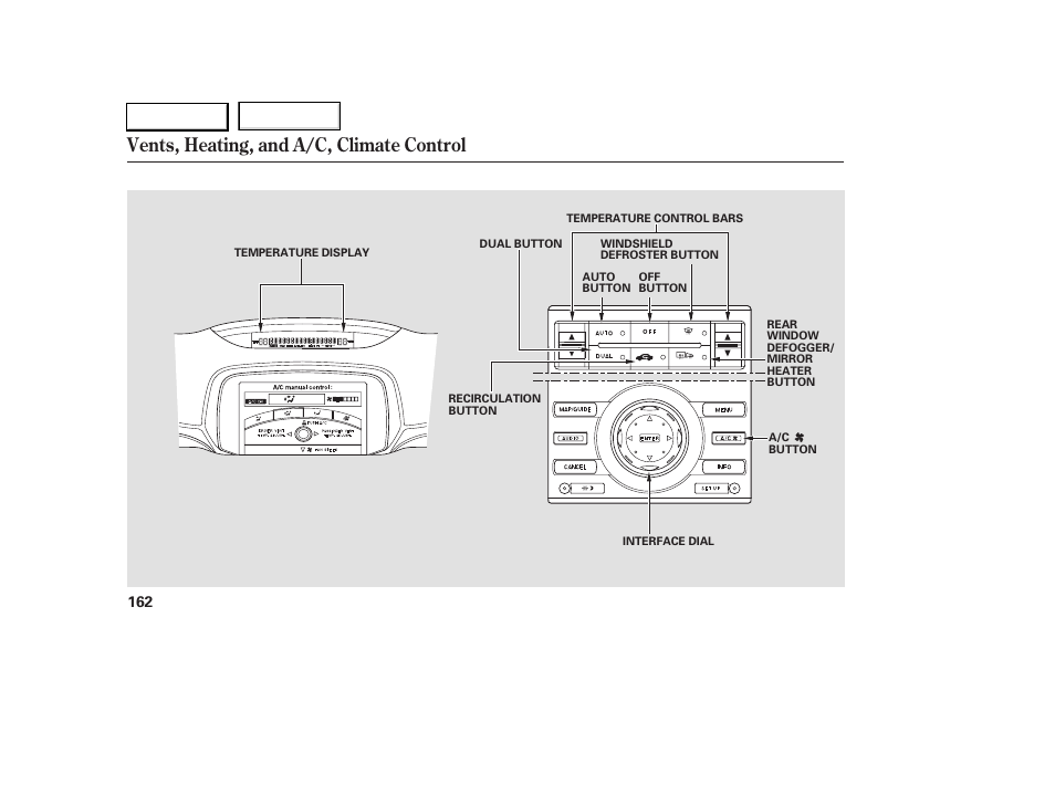 Vents, heating, and a/c, climate control | Acura 2005 RL - Owner's Manual User Manual | Page 163 / 394