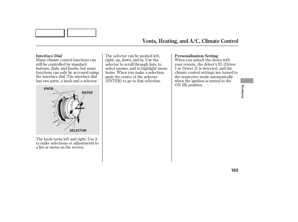 Vents, heating, and a/c, climate control | Acura 2005 RL - Owner's Manual User Manual | Page 164 / 394