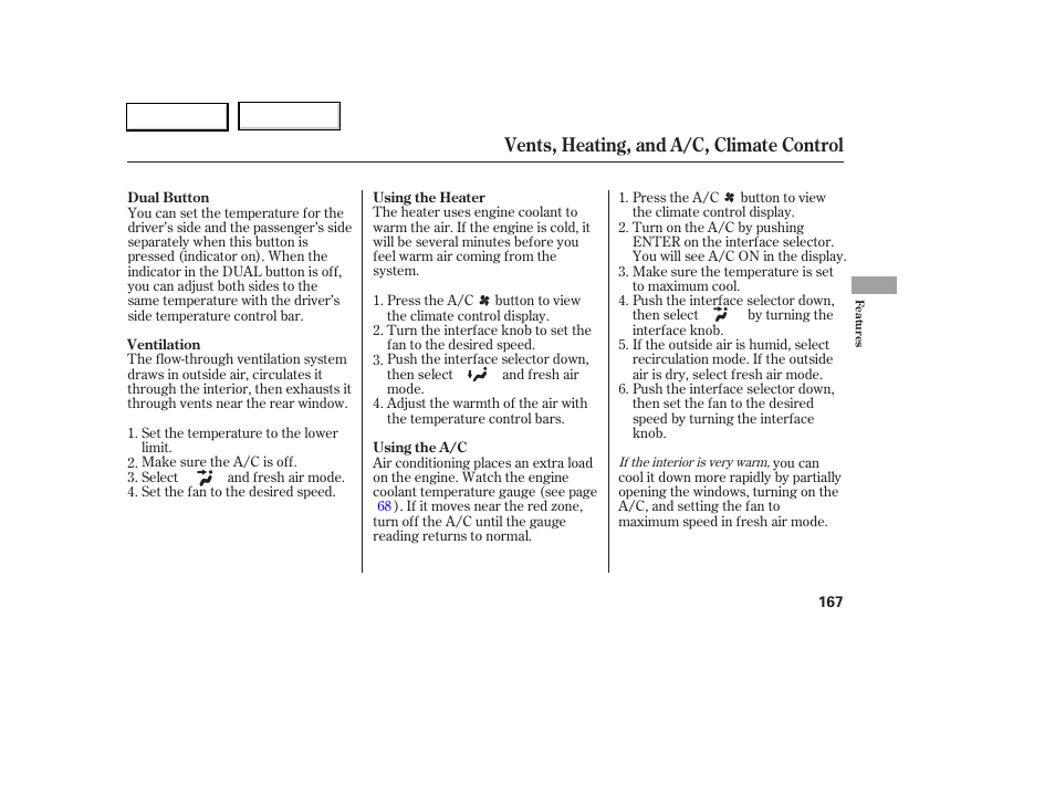 Vents, heating, and a/c, climate control | Acura 2005 RL - Owner's Manual User Manual | Page 168 / 394
