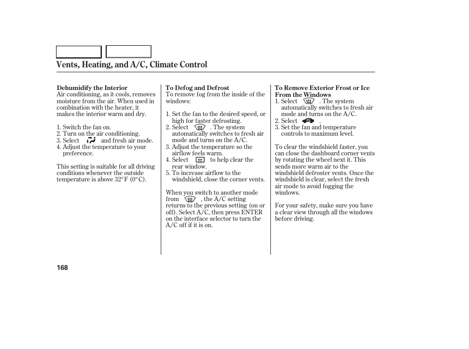 Vents, heating, and a/c, climate control | Acura 2005 RL - Owner's Manual User Manual | Page 169 / 394