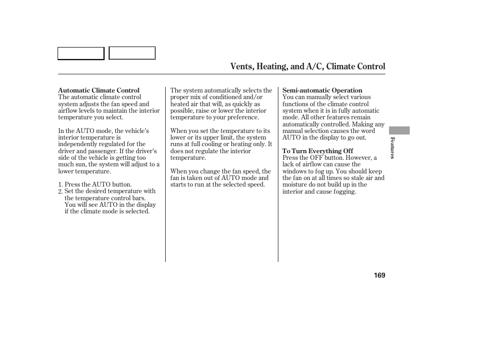 Vents, heating, and a/c, climate control | Acura 2005 RL - Owner's Manual User Manual | Page 170 / 394