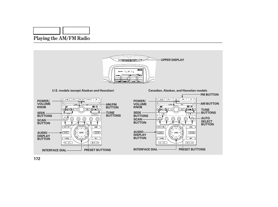 Playing the am/fm radio | Acura 2005 RL - Owner's Manual User Manual | Page 173 / 394