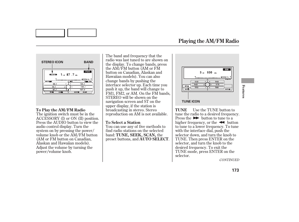 Playing the am/fm radio | Acura 2005 RL - Owner's Manual User Manual | Page 174 / 394