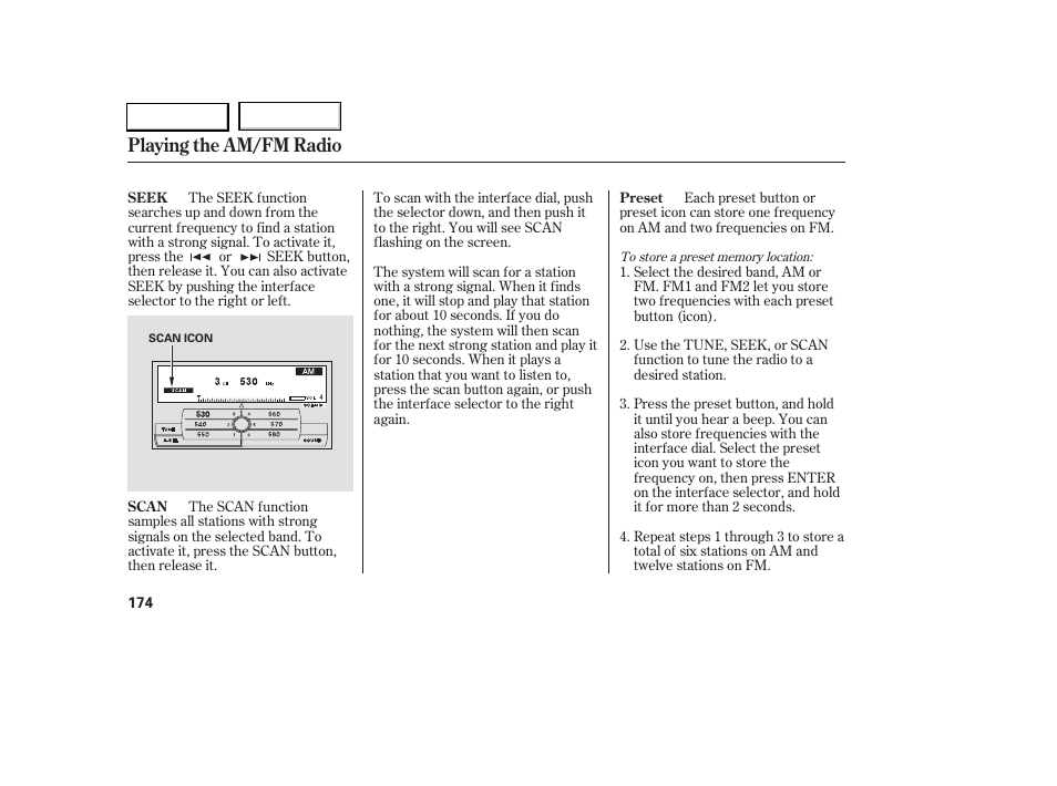 Playing the am/fm radio | Acura 2005 RL - Owner's Manual User Manual | Page 175 / 394