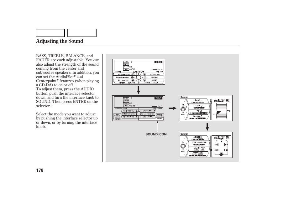 Adjusting the sound | Acura 2005 RL - Owner's Manual User Manual | Page 179 / 394