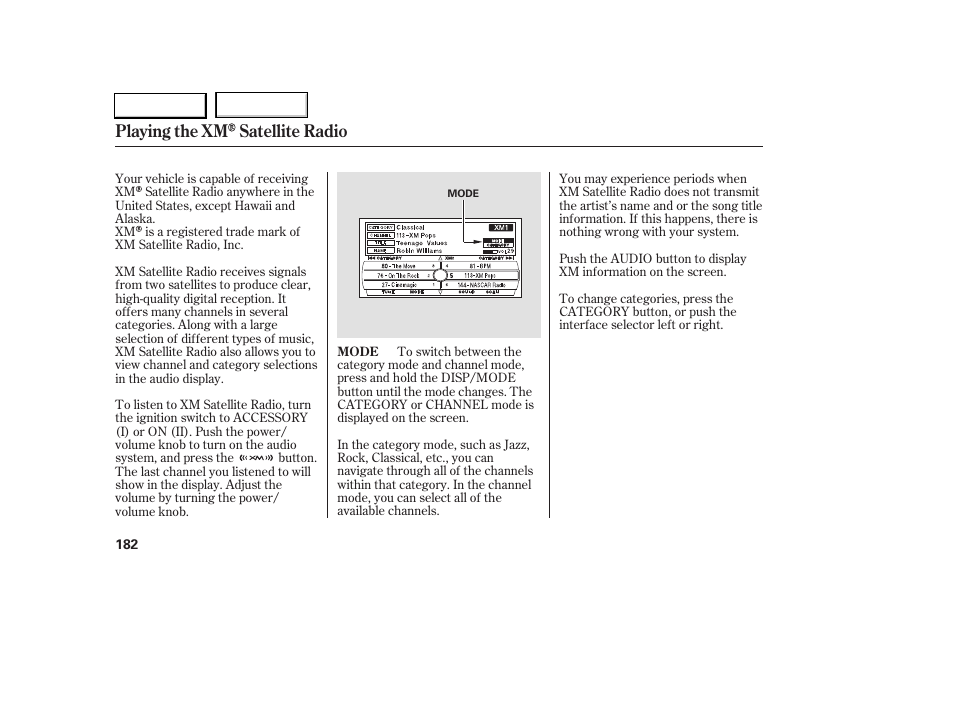 Playing the xm satellite radio | Acura 2005 RL - Owner's Manual User Manual | Page 183 / 394