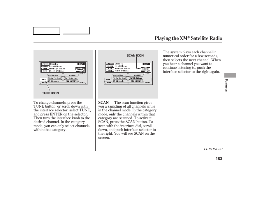 Playing the xm satellite radio | Acura 2005 RL - Owner's Manual User Manual | Page 184 / 394