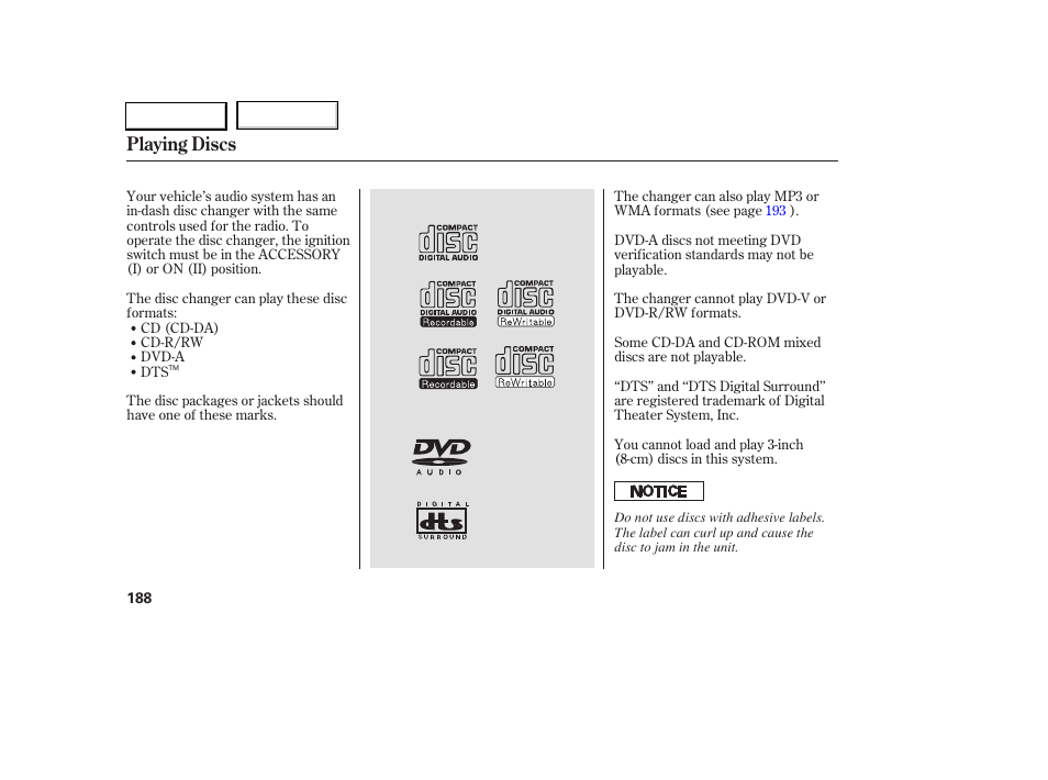 Playing discs | Acura 2005 RL - Owner's Manual User Manual | Page 189 / 394
