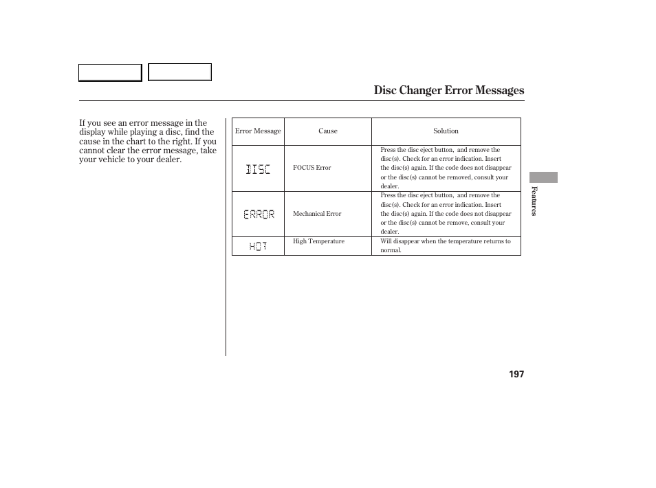 Disc changer error messages | Acura 2005 RL - Owner's Manual User Manual | Page 198 / 394