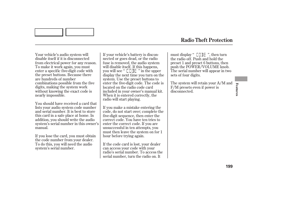 Radio theft protection | Acura 2005 RL - Owner's Manual User Manual | Page 200 / 394