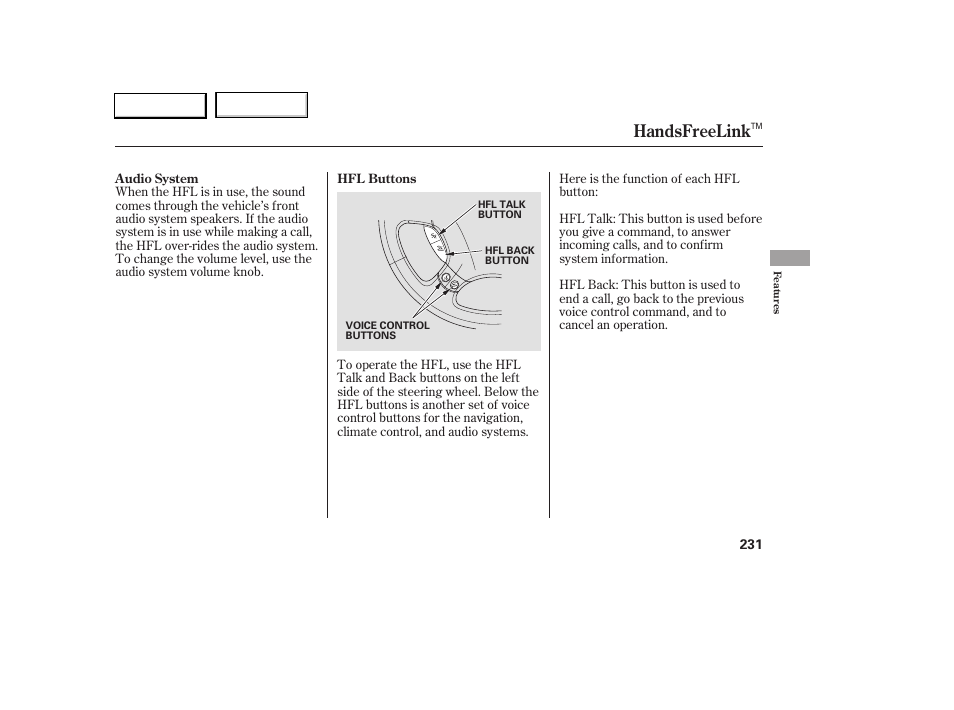 Handsfreelink | Acura 2005 RL - Owner's Manual User Manual | Page 232 / 394