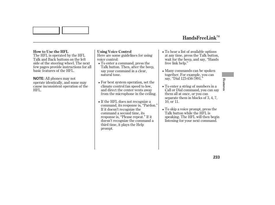 Handsfreelink | Acura 2005 RL - Owner's Manual User Manual | Page 234 / 394