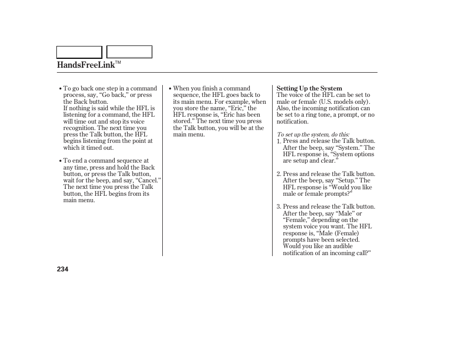 Handsfreelink | Acura 2005 RL - Owner's Manual User Manual | Page 235 / 394
