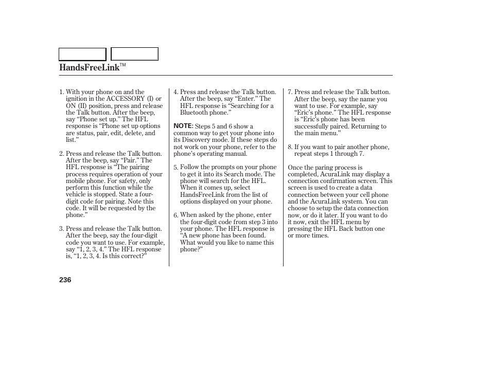 Handsfreelink | Acura 2005 RL - Owner's Manual User Manual | Page 237 / 394