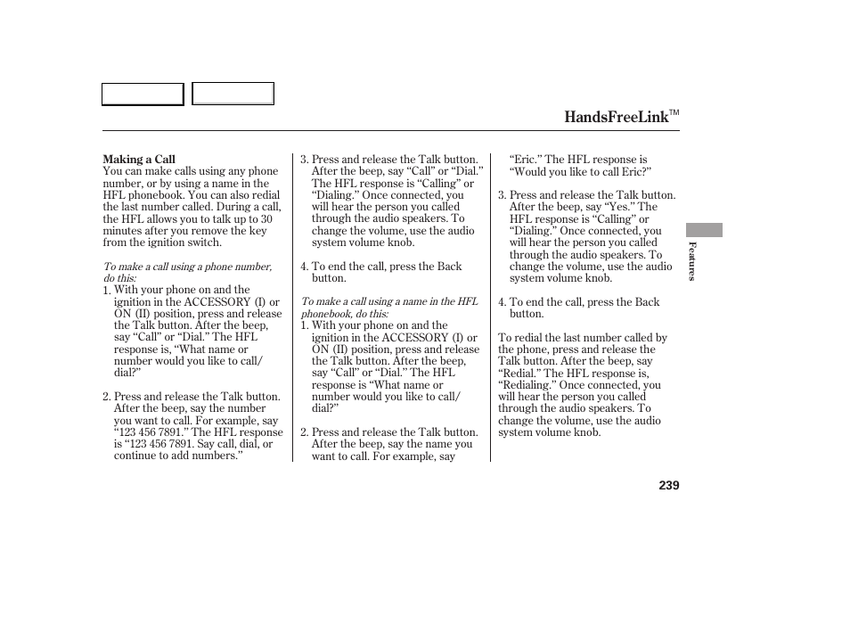 Handsfreelink | Acura 2005 RL - Owner's Manual User Manual | Page 240 / 394