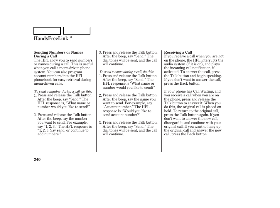 Handsfreelink | Acura 2005 RL - Owner's Manual User Manual | Page 241 / 394