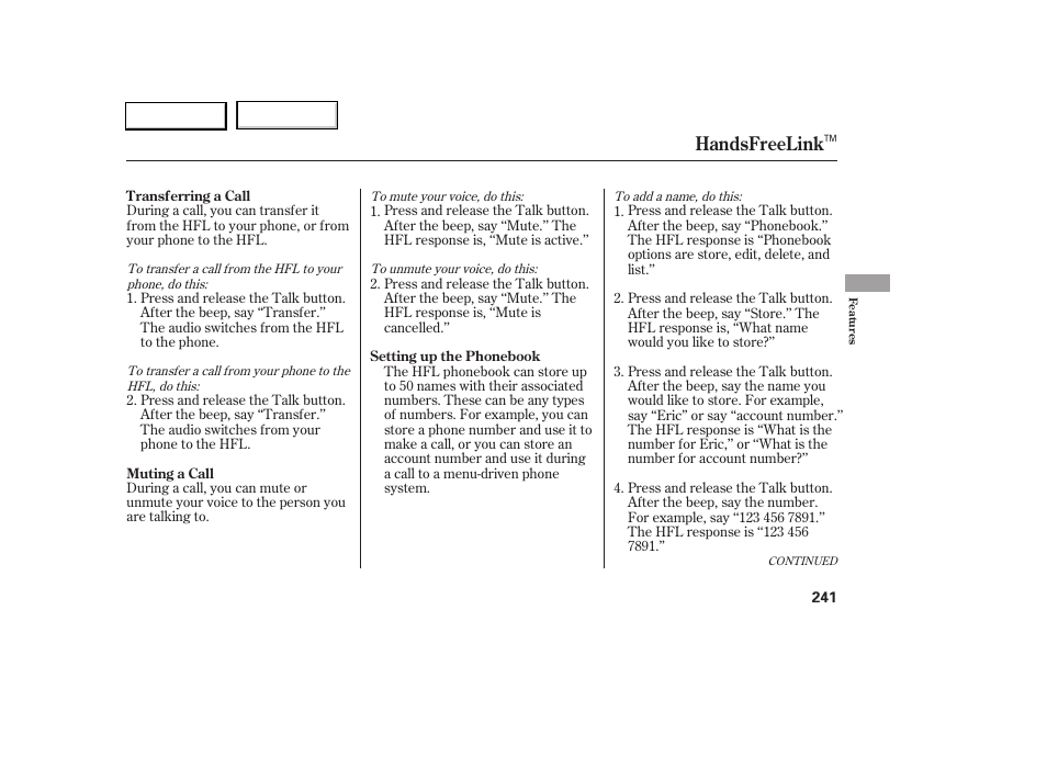 Handsfreelink | Acura 2005 RL - Owner's Manual User Manual | Page 242 / 394