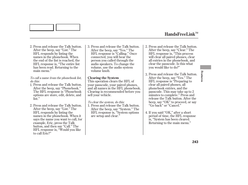 Handsfreelink | Acura 2005 RL - Owner's Manual User Manual | Page 244 / 394