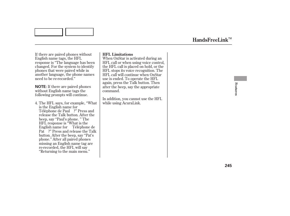 Handsfreelink | Acura 2005 RL - Owner's Manual User Manual | Page 246 / 394