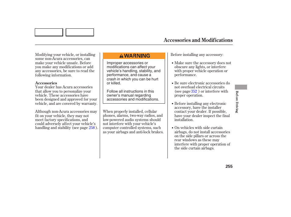 Accessories and modifications | Acura 2005 RL - Owner's Manual User Manual | Page 256 / 394